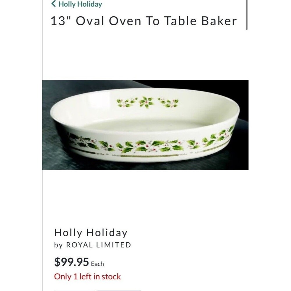 Royal Limited Holly Holiday 13” Oval Baker Oven & Microwave Safe